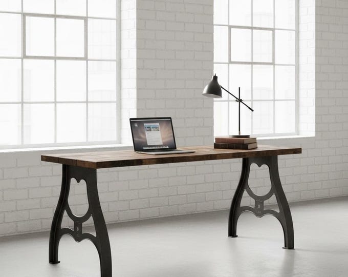 Vintage Style Desk Industrial Machine Legs. Solid Rustic Wood Desk
