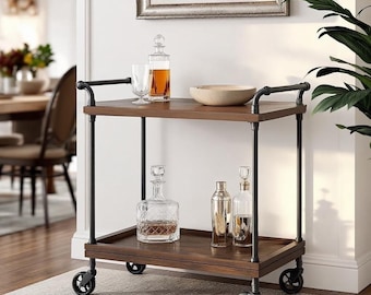 Bar Cart, Rustic Wood and Pipe Console Cart on Caster Wheels, Handcrafted, Alcohol Beer Wine Cart, Mobile Cart, Drink Cart