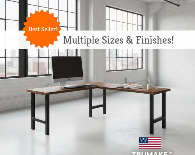Rustic Wood L-Shaped Desk Wood Steel L-Shaped Desk, Home Office Desk, Computer Desk, Corner Desk, Farmhouse Desks, Modern Industrial Desks