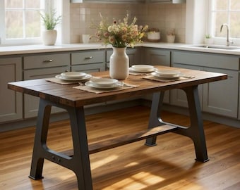 RUSTIC TABLE | Steel Vintage Machine Legs Table Solid Wood Modern Industrial | Dining / Counter / Bar Table | Three Table Heights Available!