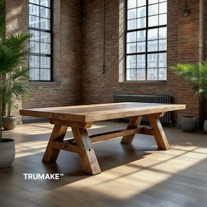 TRESTLE WOOD TABLE | Thick Wood Rustic Dining Table | Harvest Dining Table | Rugged Wood Table Heavy Table | Kitchen Farm Table |