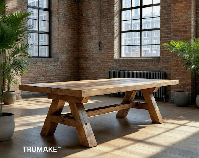 TRESTLE WOOD TABLE | Thick Wood Rustic Dining Table | Harvest Dining Table | Rugged Wood Table Heavy Table | Kitchen Farm Table |