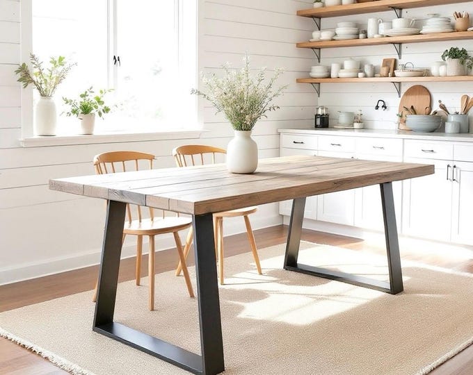 Handcrafted Rustic Wood & Steel Table with Trapezoid Legs by TRUMAKE™ - Dining, Conference, or Harvest Table