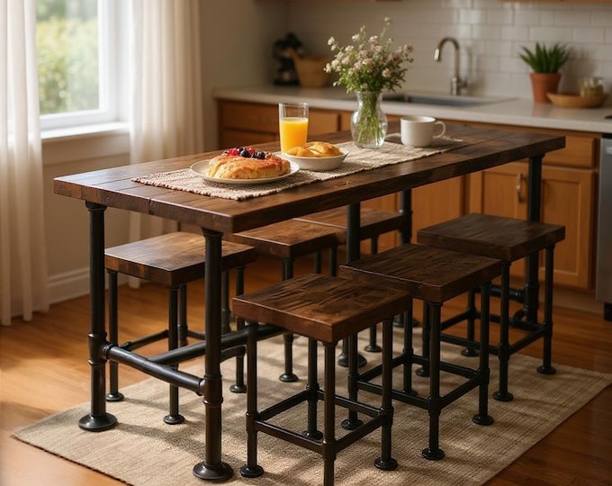 Bar Table and Bar Stools Set, Rustic Wood and Steel Pipe, Industrial Counter Height Table, Pub Tabl, Kitchen Breakfast Table, Modern Table