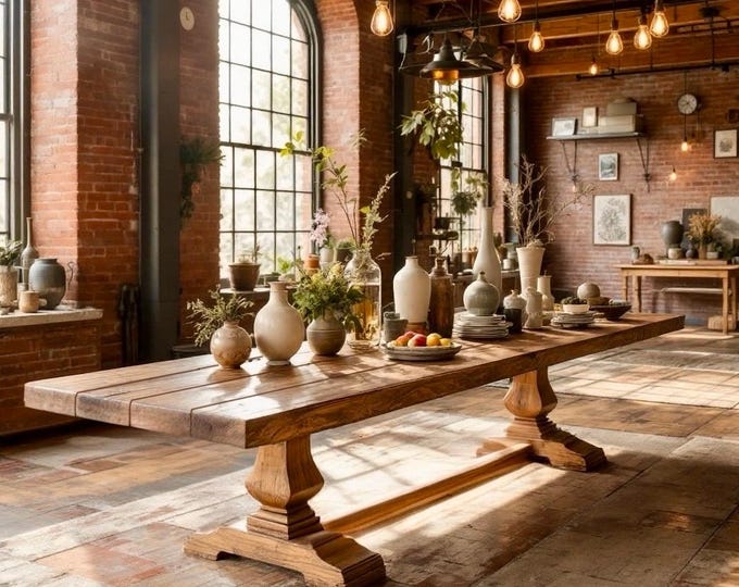 PEDESTAL WOOD TABLE | Handcrafted Thick Solid Wood Rustic Dining Table | Harvest Dining Table | Heavy Rugged Wood Table | Kitchen Farm Table