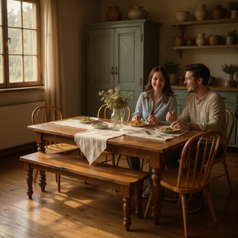 May include: A wooden dining table with a bench and chairs. A couple is seated at the table, eating a meal. The room has a window, a cabinet, and shelves with decorative items. A vase of flowers sits on the table.
