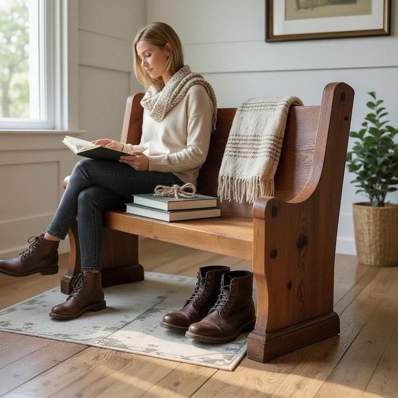 Church Pew Bench | Solid Rustic Wood Farmhouse Bench | Entry Bench Seating | Foyer Bench | Custom Handcrafted in the USA | Free Shipping! image 6