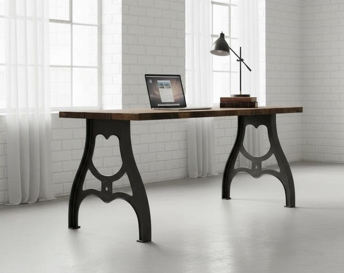 Vintage Style Desk. Industrial Machine Legs. Solid Rustic Wood Desk