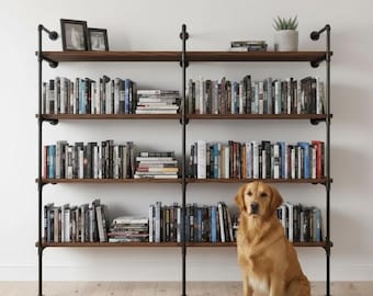 Rustic Wood and Pipe Industrial Wall Shelving Unit. Book Shelf. Pantry Shelving. Home Office Shelving Wood Shelf.