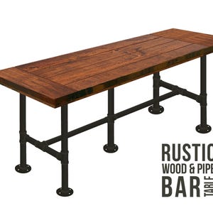 118" Long BAR TABLE with Industrial Steel Pipe Legs and Rustic Wood Top and Breadboard Ends