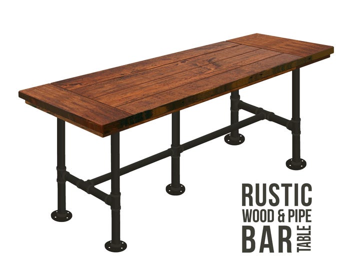 118" Long BAR TABLE with Industrial Steel Pipe Legs and Rustic Wood Top and Breadboard Ends