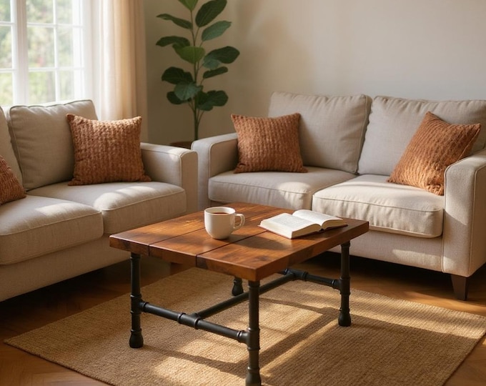 Coffee Table Wood & Pipe, Industrial Coffee Table, Rustic Wood and Steel Pipe Coffee Table, Iron Pipe, Steam Punk, Urban Wood Coffee Table