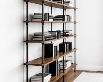 Rustic Industrial Pipe and Wood Free Standing Book Shelf | Handcrafted Six Shelf Unit