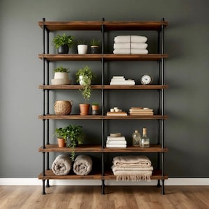 Six Shelf Unit | Rustic Wood and Pipe Shelf Unit | Home Office Library Shelf | Custom Sizes Industrial Shelving Unit Handcrafted in the USA
