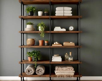 Six Shelf Unit | Rustic Wood and Pipe Shelf Unit | Home Office Library Shelf | Custom Sizes Industrial Shelving Unit Handcrafted in the USA