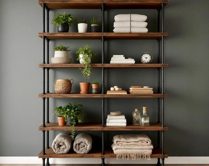 Six Shelf Unit | Rustic Wood and Pipe Shelf Unit | Home Office Library Shelf | Custom Sizes Industrial Shelving Unit Handcrafted in the USA