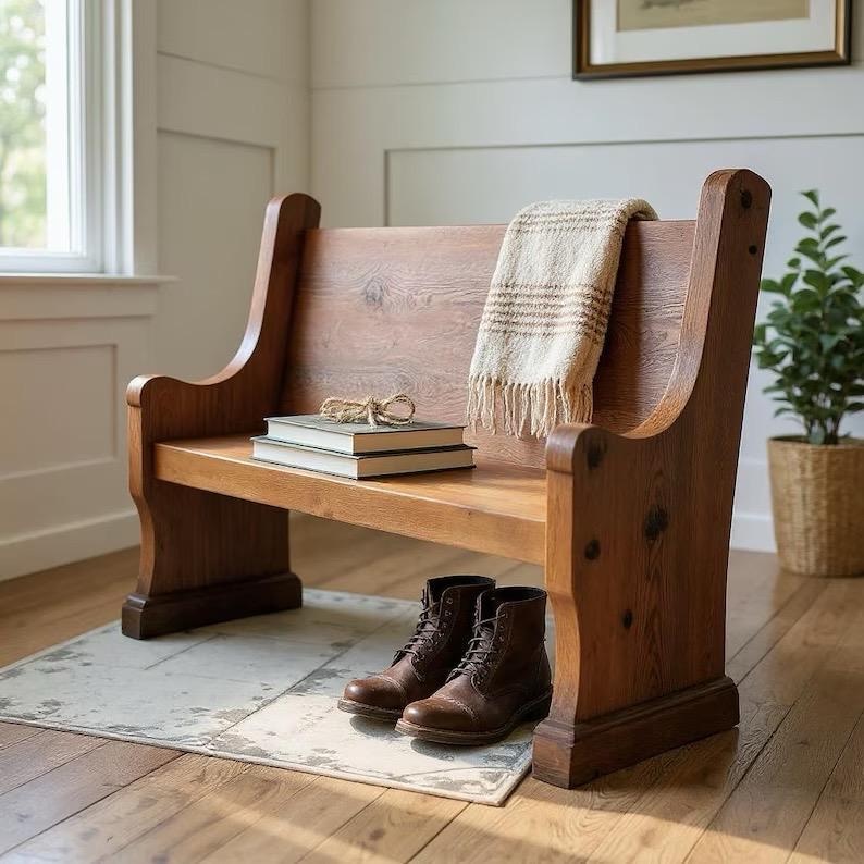 Church Pew Bench | Solid Rustic Wood Farmhouse Bench | Entry Bench Seating | Foyer Bench | Custom Handcrafted in the USA | Free Shipping! image 1