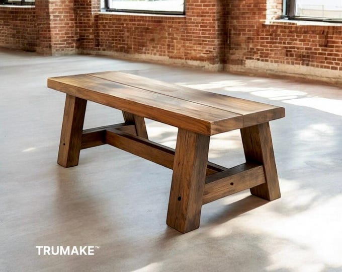 SOLID WOOD BENCH | Handcrafted Thick Wood Rustic Bench | Harvest Bench | Rugged Wood Bench Heavy Bench | Kitchen Farm Bench