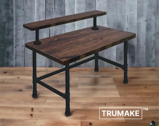 Elevated Shelf Desk - Wood & Pipe Industrial Looking Desk, Rustic Wood, Industrial Chic Style, Urban Wood Desk Office Desk Computer Desk