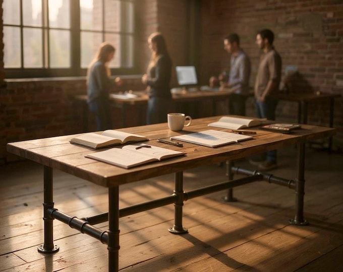 INDUSTRIAL FARMHOUSE TABLE, Pipe Leg Rustic Table, Kitchen Table, Dining Table, Conference Table, Harvest Table, Gathering Table