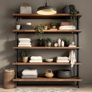 Five Shelf Unit | Rustic Wood and Pipe Shelf Unit | Home Office Library Shelf | Custom Sizes Industrial Shelving Unit Handcrafted in the USA