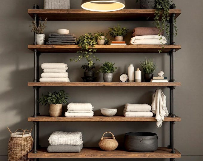 Five Shelf Unit | Rustic Wood and Pipe Shelf Unit | Home Office Library Shelf | Custom Sizes Industrial Shelving Unit Handcrafted in the USA