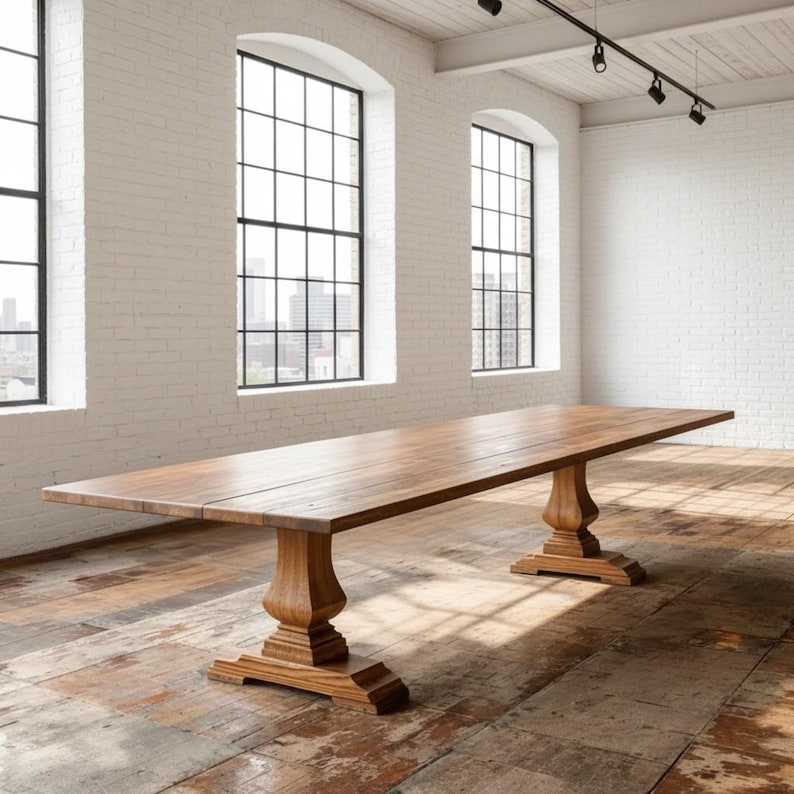 May include: A long rectangular wooden dining table featuring a smooth, natural brown grain surface. The table is supported by two substantial, carved pedestal bases with wide, tiered feet that provide a stable foundation for the tabletop.