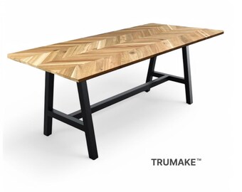 Chevron Wood Table: Modern Industrial Dining Table with Steel Legs