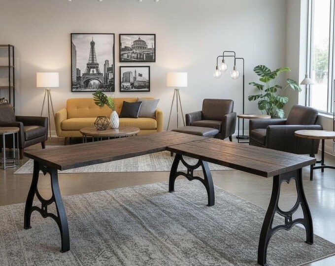 VINTAGE STYLE L-DESK, Industrial Machine Leg Style Wood Steel L-Shaped Desk, Home Office Desk, Rustic Corner Desk Modern Desk Computer Desk