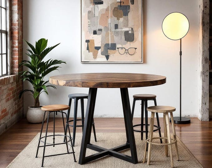Handcrafted Round Rustic Wood Table: Solid Wood & Steel