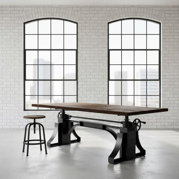 Adjustable Height Hand Crank Table, Cast Iron Vintage Industrial