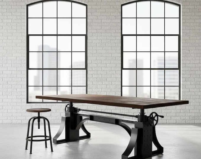 Adjustable Height Hand Crank Table, Cast Iron Vintage Industrial Table Rustic Steel Wood Conference Table Mid Century Dining Table Bar Table