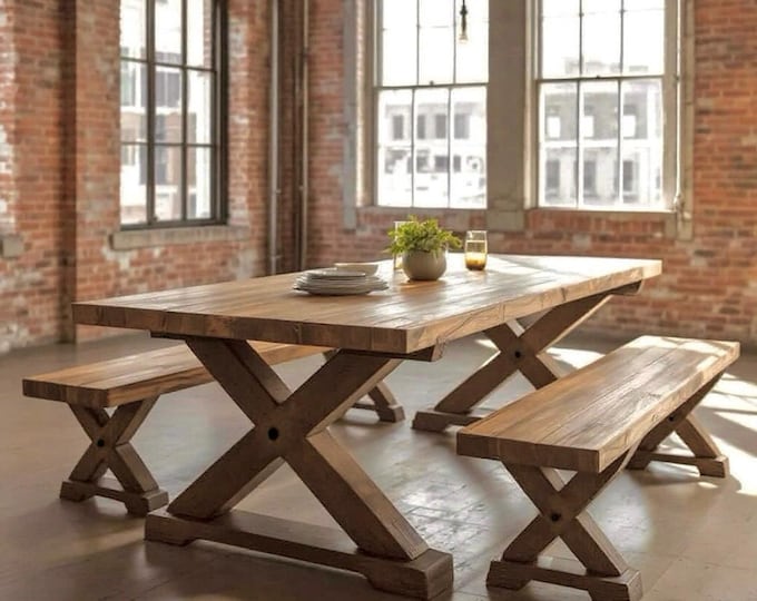 SOLID WOOD TABLE | Thick Wood Rustic Dining Table | Harvest Dining Table | Rugged Wood Table Heavy Table | Kitchen Farm Table |