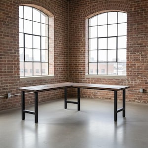 TRUMAKE L-Shaped DESK, Wood Steel Rustic Desk, Home Office Desk, Computer Desk, Corner Desk, Farmhouse Desks, Modern Industrial Desks