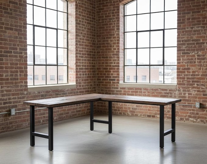 TRUMAKE L-Shaped DESK, Wood Steel Rustic Desk, Home Office Desk, Computer Desk, Corner Desk, Farmhouse Desks, Modern Industrial Desks