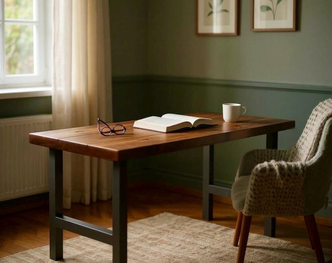 Handcrafted Rustic Wood and Steel Desk - Industrial Style with H-Legs