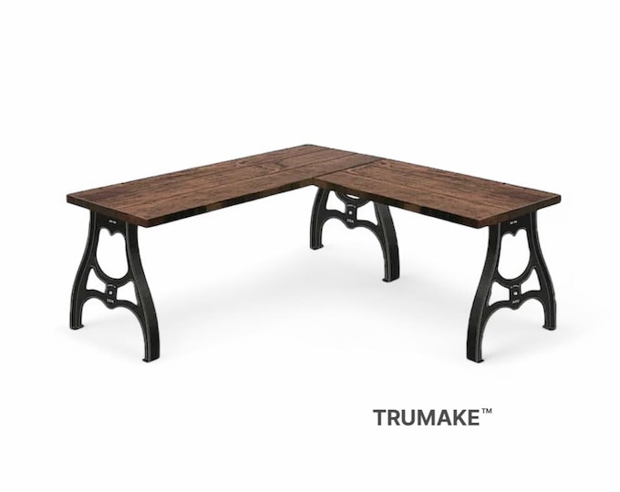 MACHINE LEG L-DESK, Vintage Industrial Style Wood Steel L-Shaped Desk, Home Office Desk, Rustic Corner Desk, Modern Desk, Computer Desk