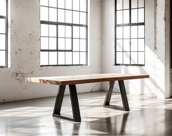 RUSTIC WOOD TABLE, Dining Table with Trapezoid Legs,  Harvest Table, Solid Wood and Steel Rustic Industrial Table, Handcrafted Kitchen Table