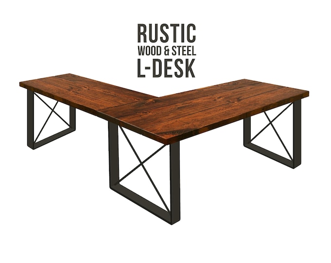 L-Shaped Desk, Square-X Leg, Rustic Wood & Steel Desk, Industrial Style Desk Urban Wood Desk Modern Farmhouse Desk Office Desk Computer Desk