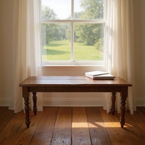 May include: A rectangular wooden bench with turned legs, stained a dark brown. Two books rest on the bench's surface. The bench sits in front of a window with sheer white curtains, overlooking a green landscape.