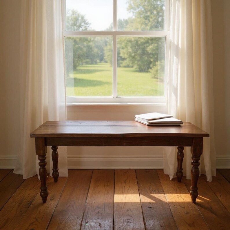 May include: A rectangular wooden bench with turned legs, stained a dark brown. Two books rest on the bench's surface. The bench sits in front of a window with sheer white curtains, overlooking a green landscape.