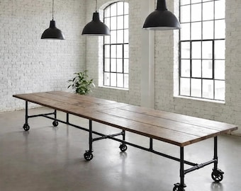 Large Mobile Table Rustic Wood and Pipe Table, Industrial Style Table Urban Wood Farm Table, Conference Table Harvest Table Farmhouse Table