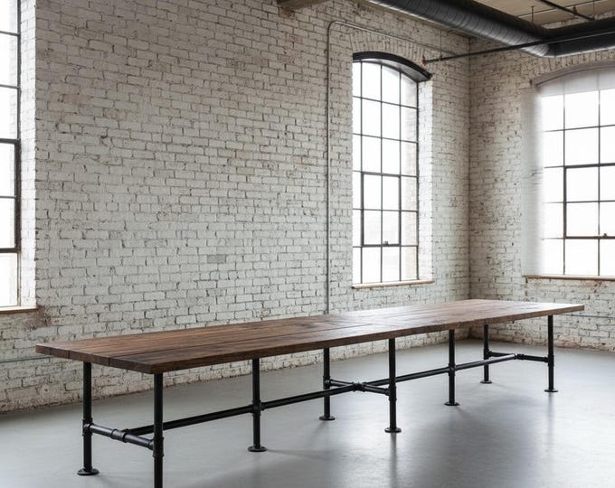 155"Lx45"Wx30"H - Long Table Rustic Wood & Pipe Table, Industrial Table Rustic Wood and Pipe Table Dining Table, Harvest Farmhouse Table