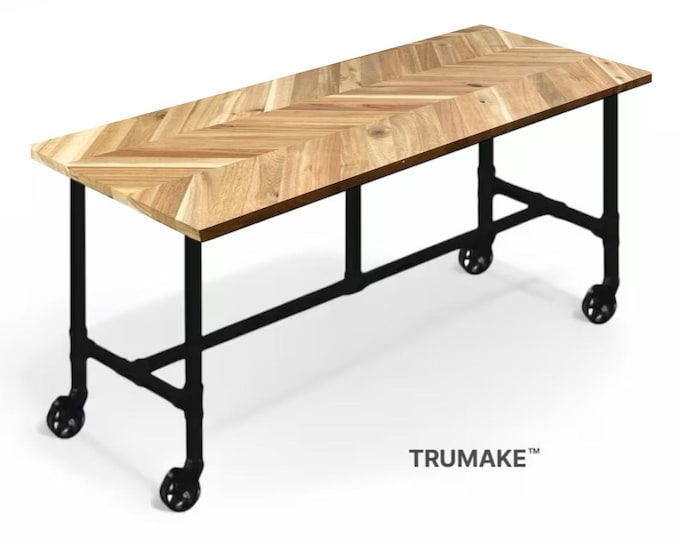 Chevron Mobile Table | Caster Wheels Counter Height Rolling Bar Table. Bar Table Mobile Pub Table. Modern Industrial Bar Table Chevron Style