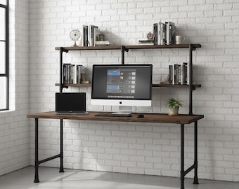 Rustic Desk with Shelves | Wood & Pipe Industrial Style | Wood and Steel Pipe Desk | Dorm Desk | Personal Computer Desk | Handmade Desk