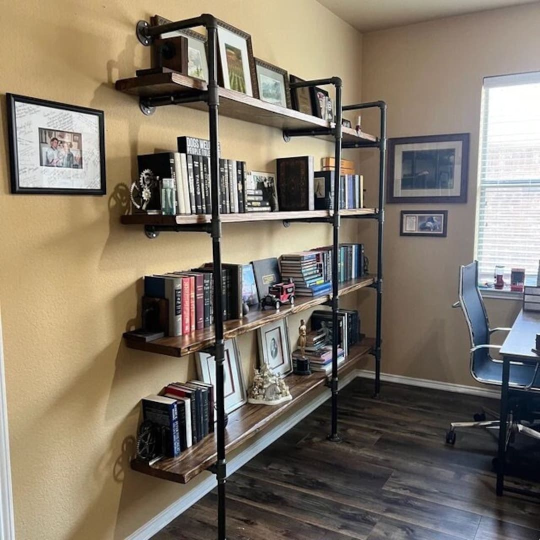 Rustic Wall Shelving Unit. Book Shelf. Shelf Unit. Steel Pipe Wood ...