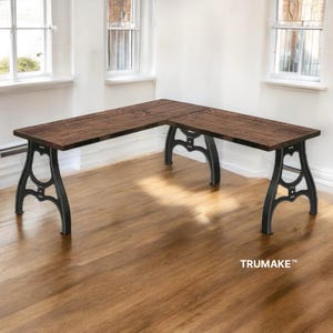VINTAGE STYLE L-DESK, Industrial Machine Leg Style Wood Steel L-Shaped Desk, Home Office Desk, Rustic Corner Desk Modern Desk Computer Desk