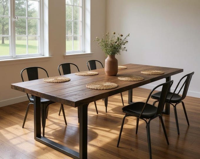 Rustic Table with square legs. Wood and Industrial Steel Table. Library Table. Modern Farmhouse Table. Kitchen Dining Table. Handmade Table