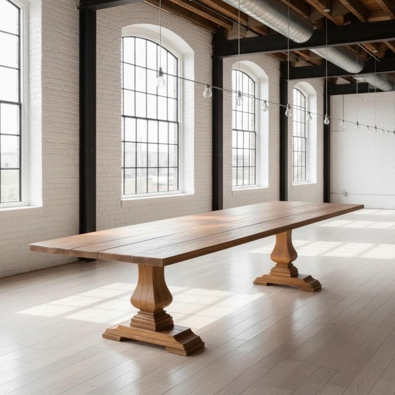 May include: A long, rectangular wooden dining table featuring a smooth, natural brown finish and a flat tabletop surface. The table is supported by two substantial, carved pedestal bases with tiered, square-shaped feet, providing a stable foundation.