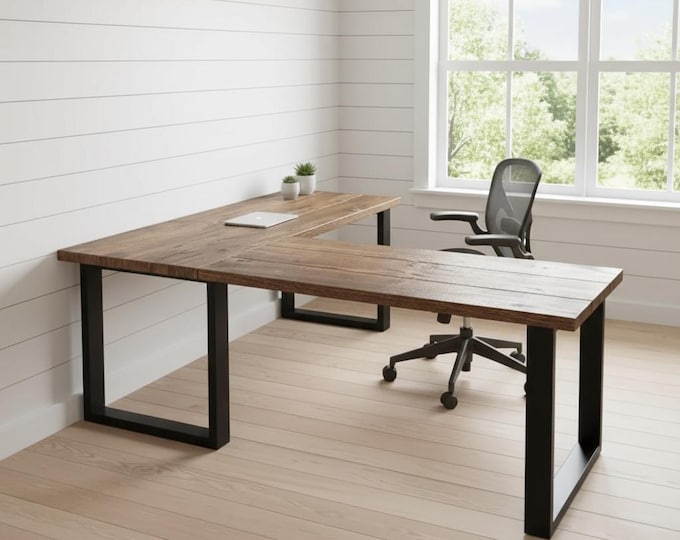 SQUARE LEG L-Desk, Wood Steel L-Shaped Desk,Computer Desk, Home Office Desk, Corner Desk, Farmhouse Desks, Modern Industrial Desk